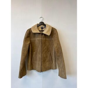 GAP Jacket Womens Large Tan Suede Genuine Leather‎ Sherpa Lined Zip Aviator Warm